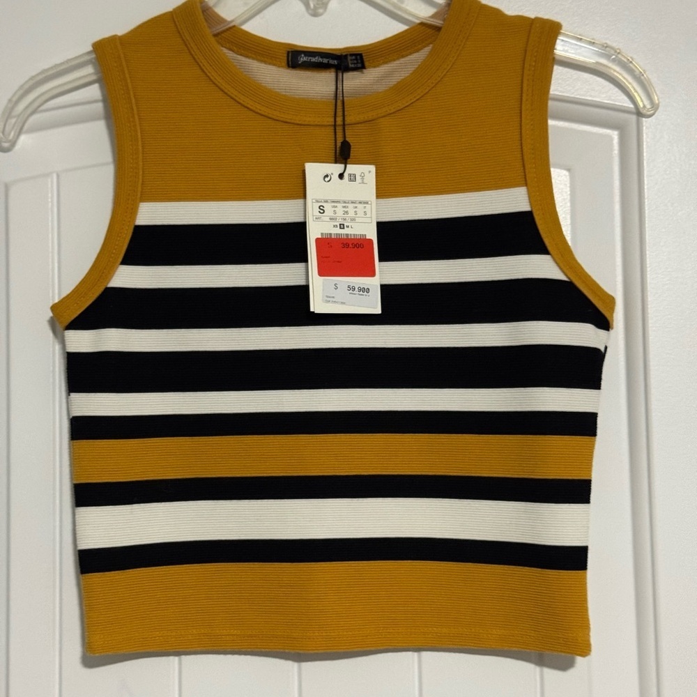 Mustard Yellow Black White Striped Ribbed Tank Top